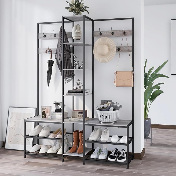 GiftGo Corner Hall Tree with Shoe Rack Storage Bench Display Open Shelves - Image 5