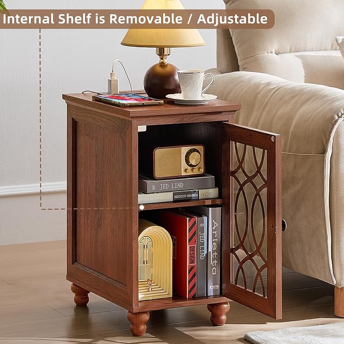 Narrow Side Table with Charging Station, Night Stand with Glass Door, Bedside - Image 5