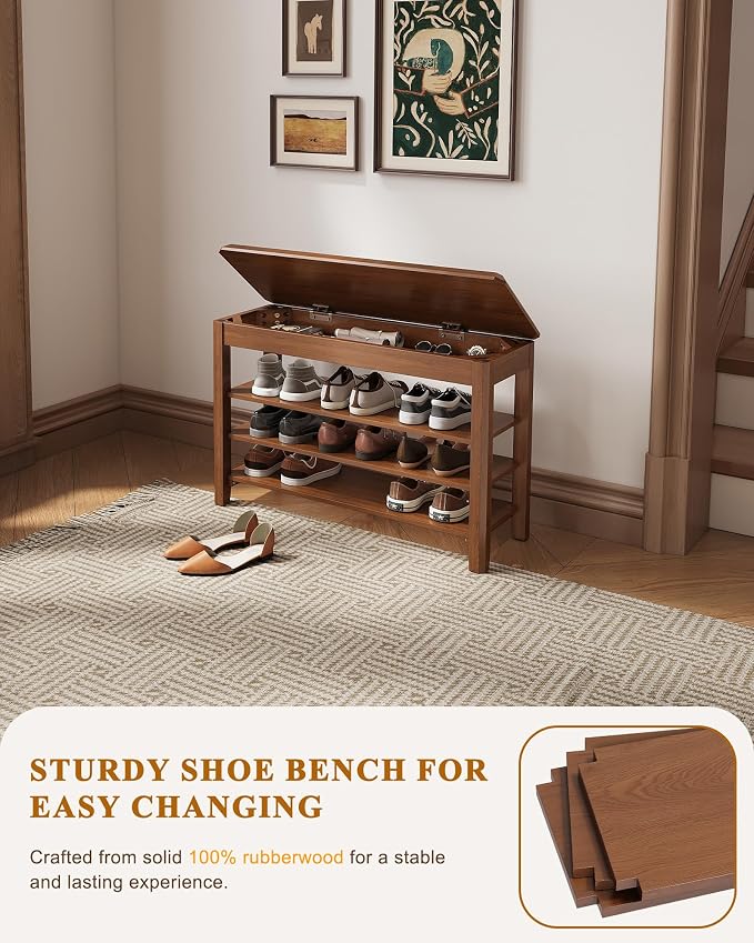 Shoe Rack Bench Seat Rubberwood 3-Tier Wooden Storage Bench 550lbs Compact - Image 5