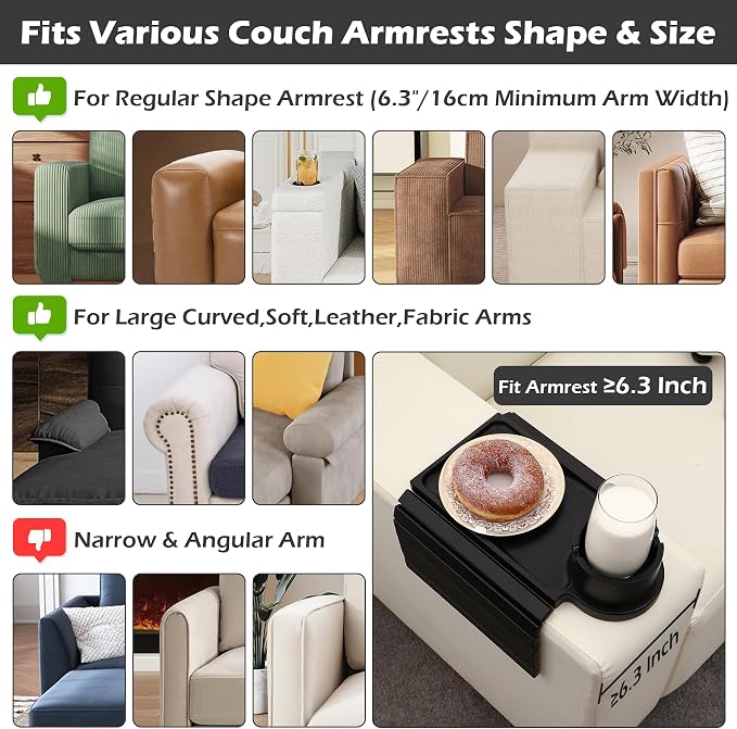 Couch Cup Holder Tray, 3 in 1 Large Couch Arm Trays, Bamboo Chair Clip on Tray - Image 5
