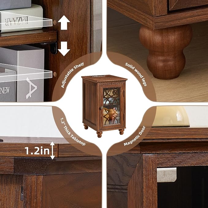 Narrow Side Table with Charging Station Set of 2, Night Stand with Glass Door - Image 5