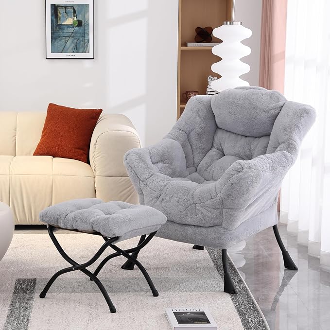 Lazy Chair with Folding Ottoman, Modern Accent Lounge Armchair with Armrests - Image 6