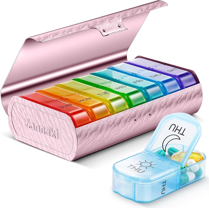Zannaki Metal XL Weekly Pill Organizer 2 Times a Day, Large Travel Daily Pill by Zannaki