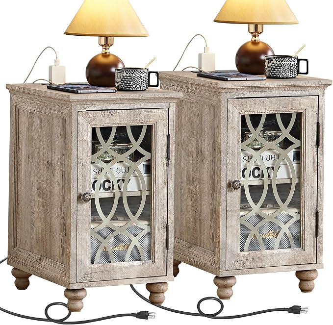 Narrow Side Table with Charging Station Set of 2, Night Stand with Glass Door by Joaxswe