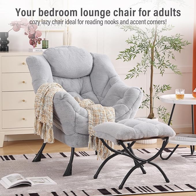 Lazy Chair with Ottoman, Modern Reading Chair with Folding Footrest, - Image 3