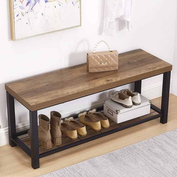 FOLUBAN Entryway Bench, Modern Shoe Storage Bench, Rustic Wood and Metal Entry - Image 3