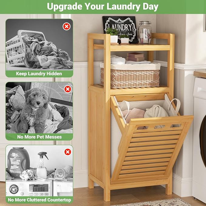 Homykic Tilt Out Laundry Hamper, 10 Gal Bamboo Laundry Storage Cabinet - Field & Grace