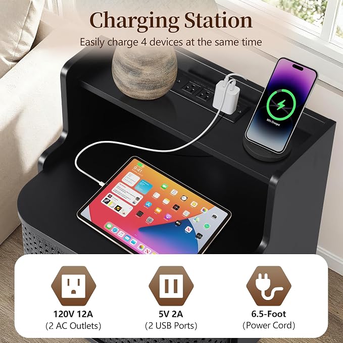 Metal Rattan End Table with Charging Station, Mid Century Modern Nightstand - Image 5
