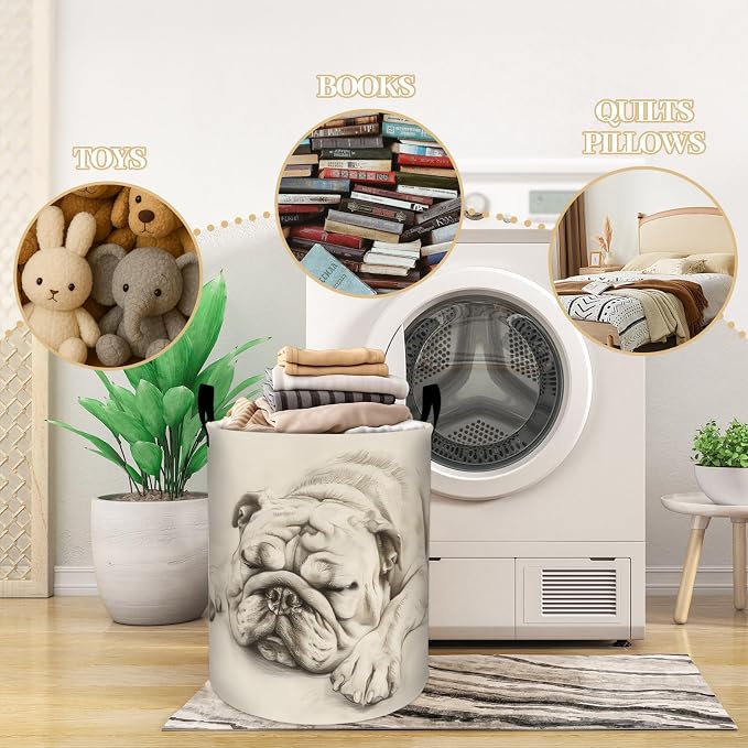 Sleeping Bulldog Pencil Sketch Art Laundry Basket, Dorm Nursery Foldable - Image 3