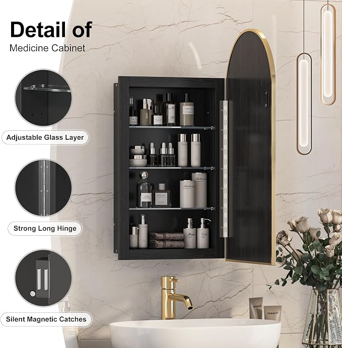 Recessed Medicine Cabinet for Bathroom, Brushed Gold Arched Medicine Cabinet - Image 4