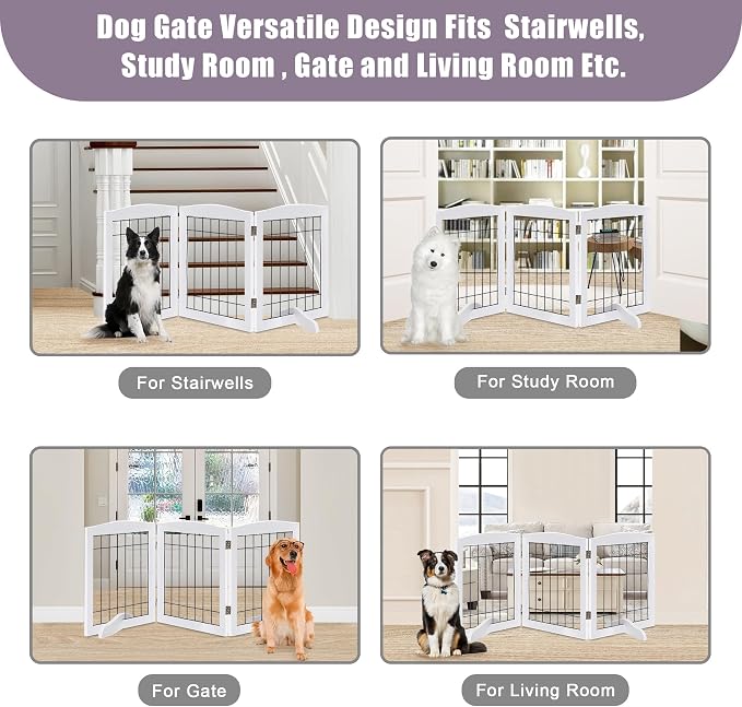 LZRS 3-Panel Freestanding Adjustable Wooden Dog Gate—30" Tall Foldable Pet - Image 6