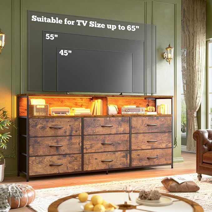 55" W Dresser for Bedroom with 9 Drawers, LED TV Stand with Power Outlets for 45 - Image 7