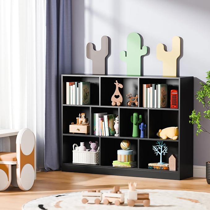 Cozy Castle Black Bookshelf, 3-Tier Open Shelf Bookcase, 10 Cube Storage - Image 9