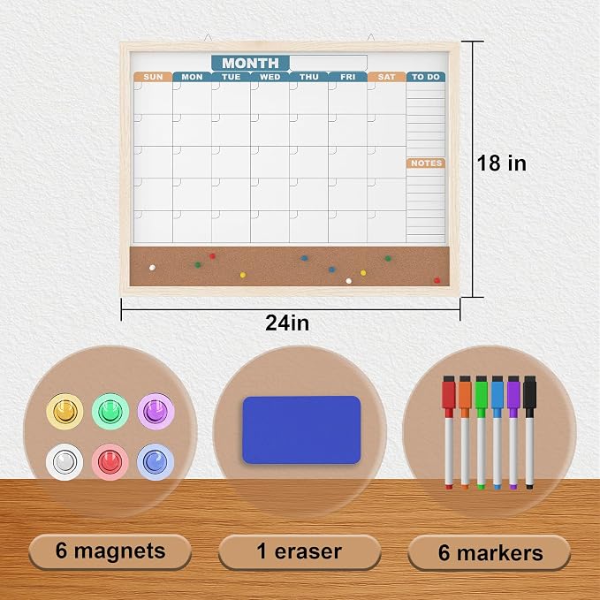 Monthly Calendar Dry Erase Board 24x18 Inch, Double-Sided Whiteboard and - Image 5