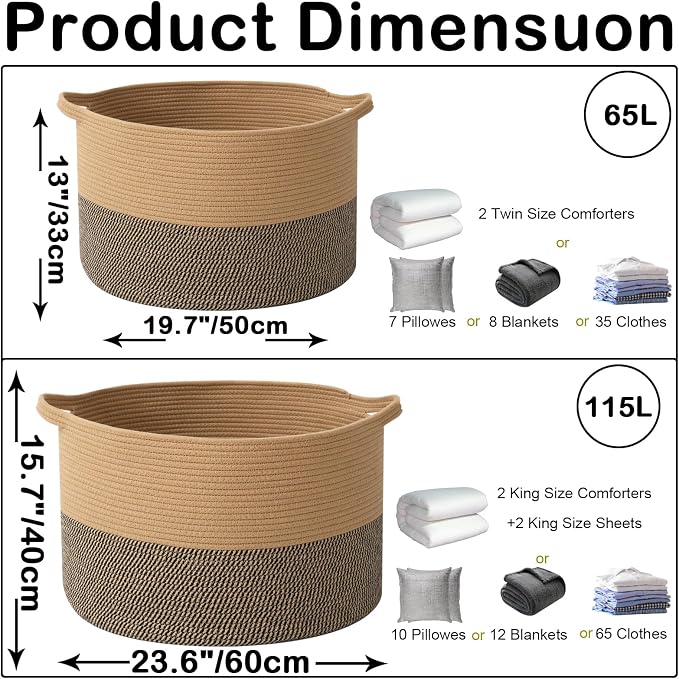 Large Storage Basket with Handle, 19.7" L x 19.7" W x 13" H Blanket Basket - Image 2