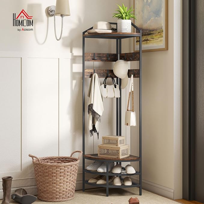 HOMCOM Corner Hall Tree, Industrial 4-Tier Coat Rack - Image 2