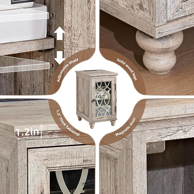 Narrow Side Table with Charging Station Set of 2, Night Stand with Glass Door - Image 4