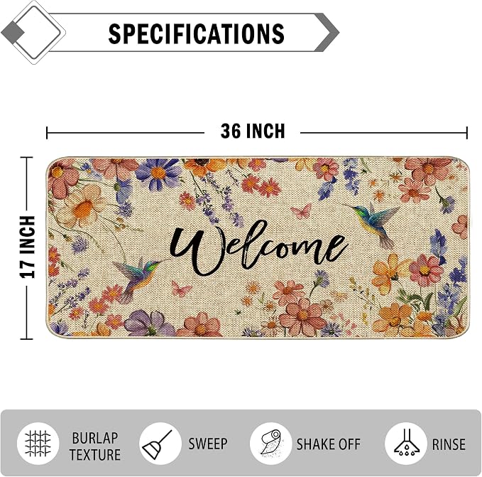 Wildflower Welcome Doormat 17"x36", Flower Spring Door Mat Indoor Entrance - Image 3