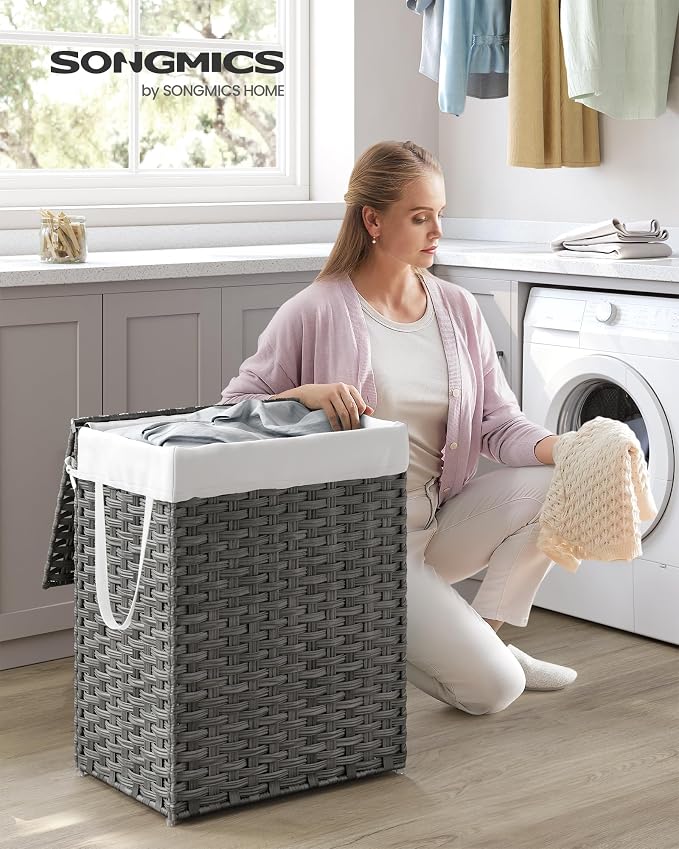 SONGMICS Laundry Hamper with Lid, 23.8 Gallon Synthetic Rattan Clothes Laundry - Image 2