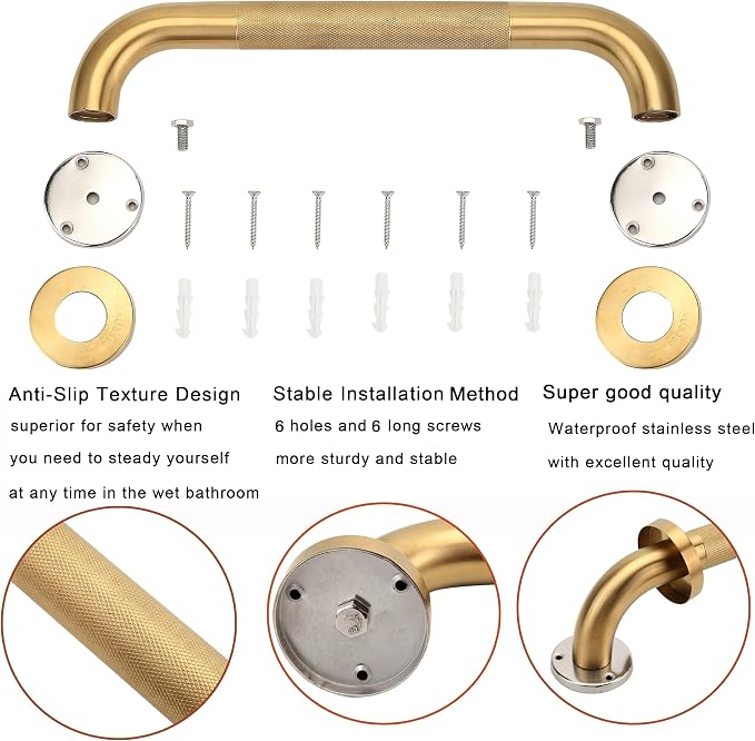 Shower Grab Bar, 2 Pack 16 Inch Gold Bathroom Grab Bar, 1.25" Diameter 304 - Image 4