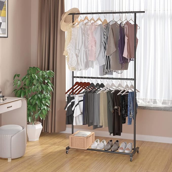 Sywhitta Double Rod Clothing Garment Rack, Rolling Clothes Organizer on Wheels - Image 3