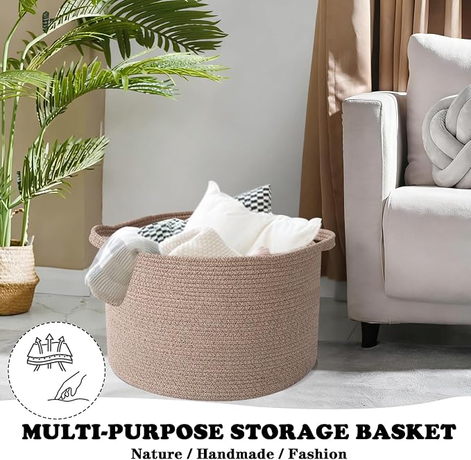 Large Storage Basket with Handle, 19.7" L x 19.7" W x 13" H Blanket Basket - Image 5