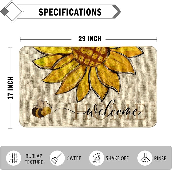 Sunflower Welcome Doormat 17"x29", Non Slip Door Mat Indoor Entrance, Hello - Image 3