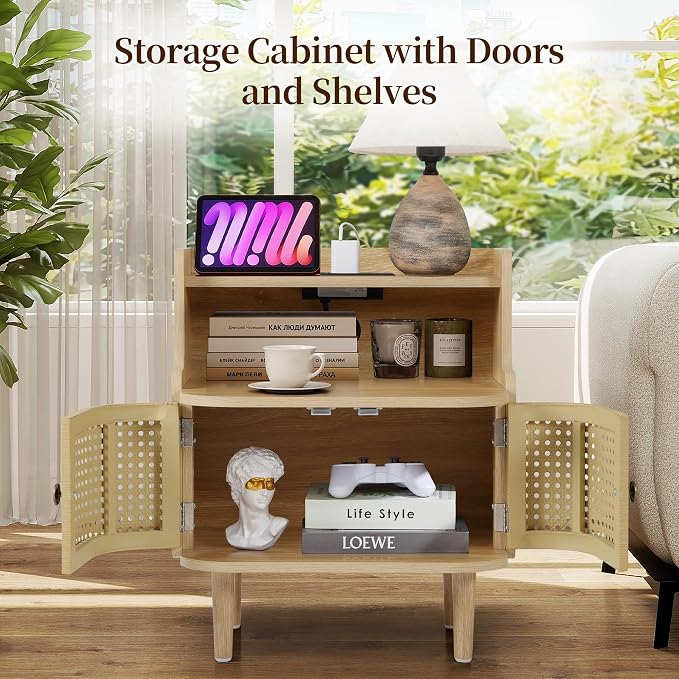 Metal Rattan End Table with Charging Station, Mid Century Modern Nightstand - Image 4