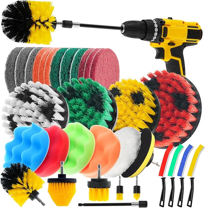 32 Pack Drill Brush Attachments Set Scrub Pads Sponge Buffing Pads Crevice by Unknown