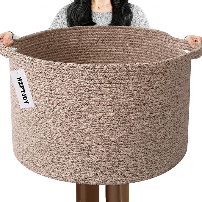 Large Storage Basket with Handle, 19.7" L x 19.7" W x 13" H Blanket Basket by HZFTJOY