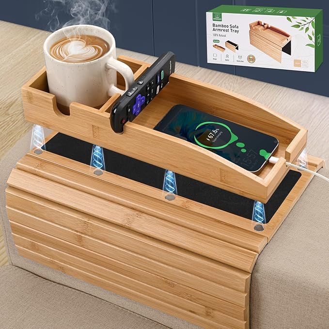 Joy&Grace Couch Cup Holder, 3-in-1 Magnetic Detachable Couch Arm Tray, Bamboo by JoyGrace