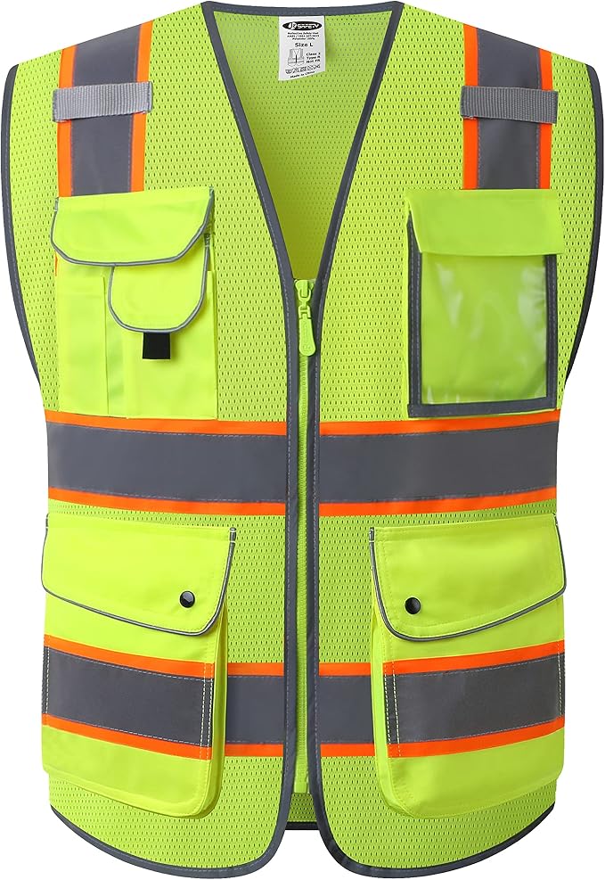 JKSafety 9 Pockets Hi-Vis Neon Yellow Zipper Front MESH Safety Vest by JKSafety