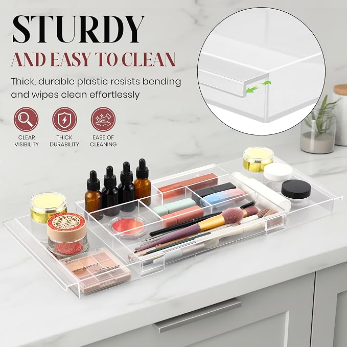2Pack Shallow Expandable Drawer Organizer, Adjustable 12.5”–20” Clear Plastic - Image 6