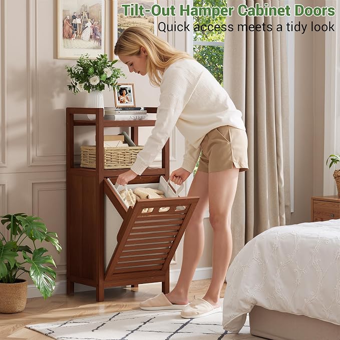 Homykic Tilt Out Laundry Hamper, 10 Gal Bamboo Laundry Storage Cabinet - Field & Grace