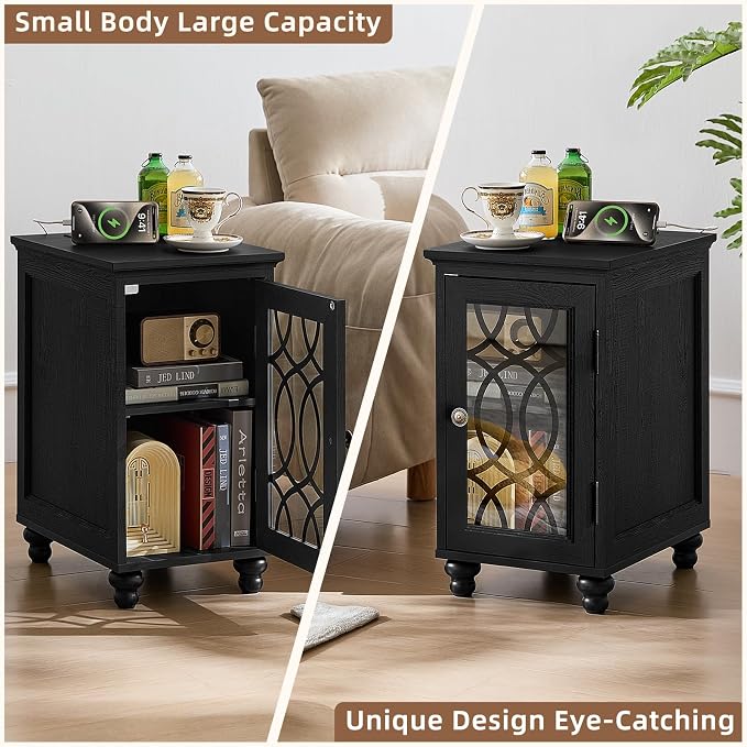 Narrow Side Table with Charging Station Set of 2, Night Stand with Glass Door - Image 6