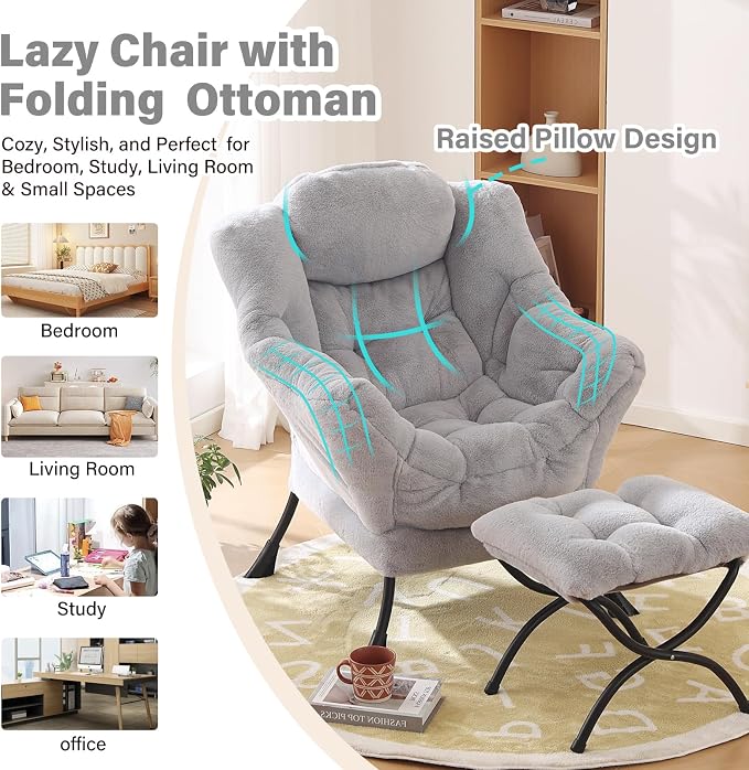 Lazy Chair with Ottoman, Modern Reading Chair with Folding Footrest, - Image 7