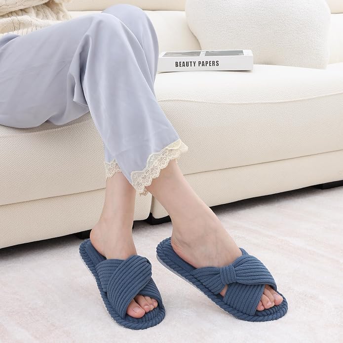 Evshine Fall House Slippers for Women Corduroy Cross Bow Indoor Slippers Open - Image 6