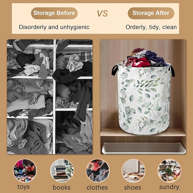Green Eucalyptus Collapsible Laundry Baskets, Leaves Branches Laundry Hamper - Image 5