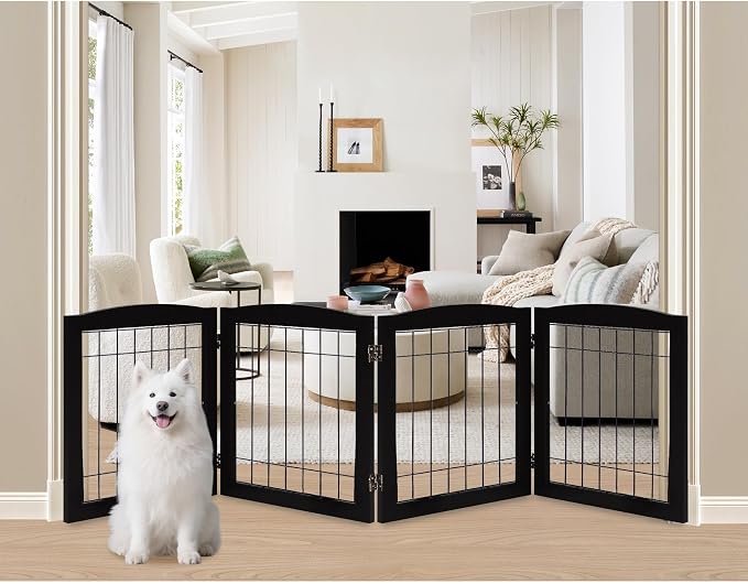 LZRS 4-Panel Extra-Wide Wooden Freestanding Dog Gate: Foldable Solid Wood and by LZRSPET