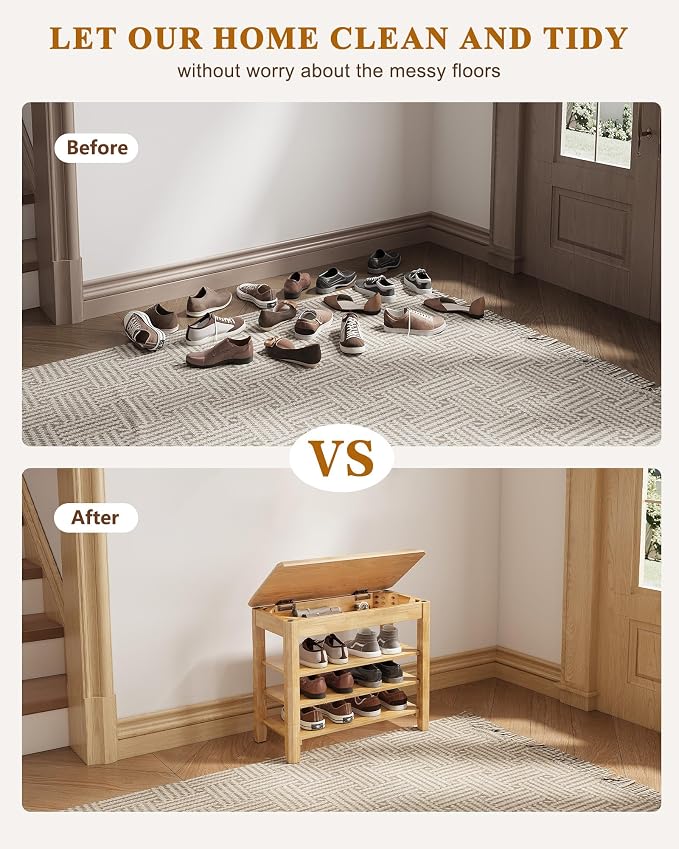 Shoe Rack Bench Seat Rubberwood 3-Tier Wooden Storage Bench 550lbs Compact - Image 7