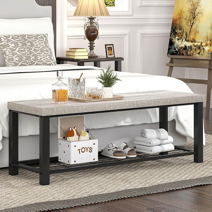 FOLUBAN Entryway Bench, Vintage Wood and Metal Storage Bench - Image 3