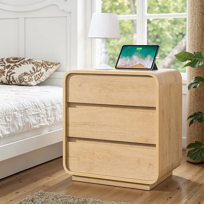 Natural Curved Nightstand Set of 2, 23.2" Large Wood Bedside Table - Image 4