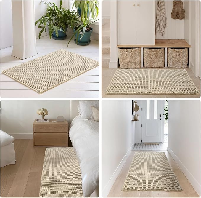 Pale Beige Bathroom Rug, Waffle Bath Mat Non Slip Washable Super Absorbent - Image 8