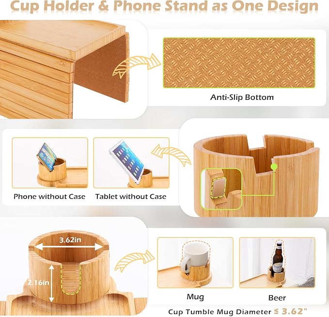 Couch Cup Holder Tray, 3 in 1 Couch Arm Trays, Large Bamboo Chair Arm Rest Tray - Image 4