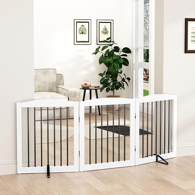 Freestanding Wooden Pet Gate for House, Foldable Indoor Dog Gate for Doorways by PUPETPO