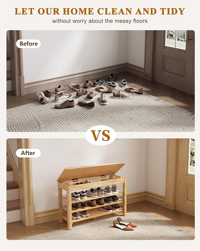 Shoe Rack Bench Seat Rubberwood 3-Tier Wooden Storage Bench 550lbs Compact - Image 7