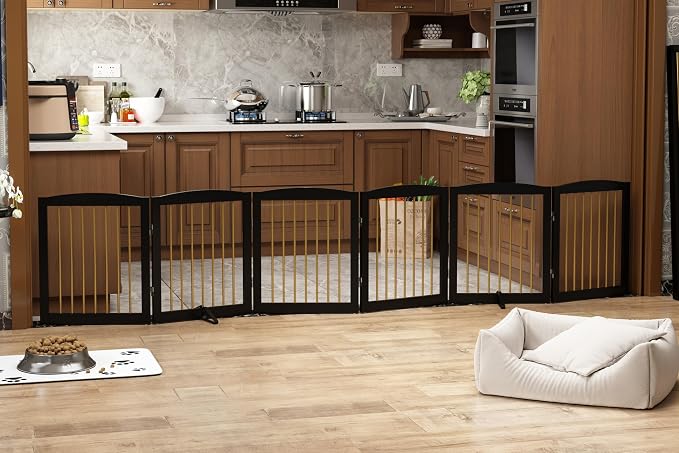 Freestanding Pet Gate for Dogs, Foldable Wooden Dog Gate for House, Extra Wide by PUPETPO