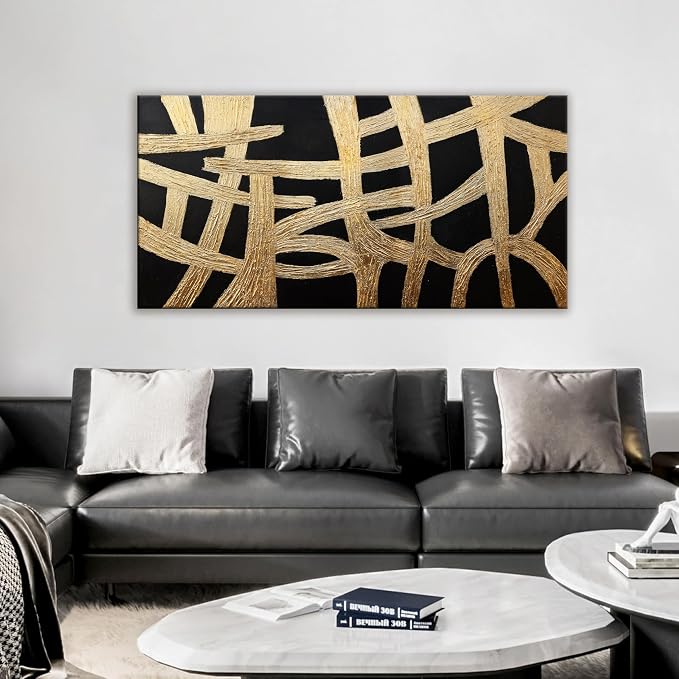 Abstract Wall Art Paintings Canvas Wall Art Decor Black And Gold Lines Artwork - Image 2