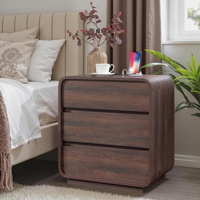 Walnut Curved Nightstand Set of 2, 23.2" Wide Wood Bedside Table - Image 4