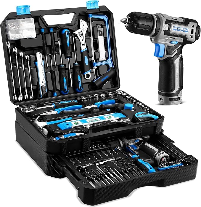 Tool Set: Tool Kit with 12V Cordless Drill, Hand Toolbox with storage case by DEKOPRO